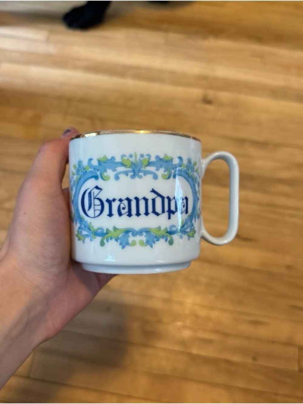 White Porcelain 'Grandpa' Accent Mug with Blue Trim